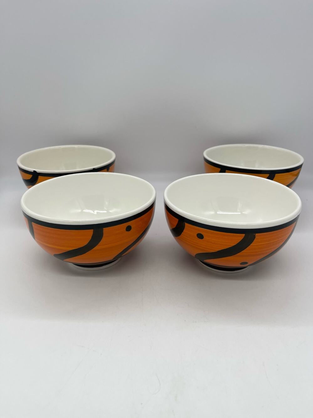 Pier 1 Hand Painted ITALY Orange & Black Dots Wavey Lines Set of 4 Cereal Bowls